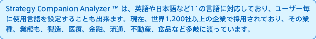 Strategy Companion Analyzer ™ は、英語や日本語など11の言語に対応しており、ユーザー毎に使用言語を設定することも出来ます。現在、世界1,200社以上の企業で採用されており、その業種、業態も、製造、医療、金融、流通、不動産、食品など多岐に渡っています。